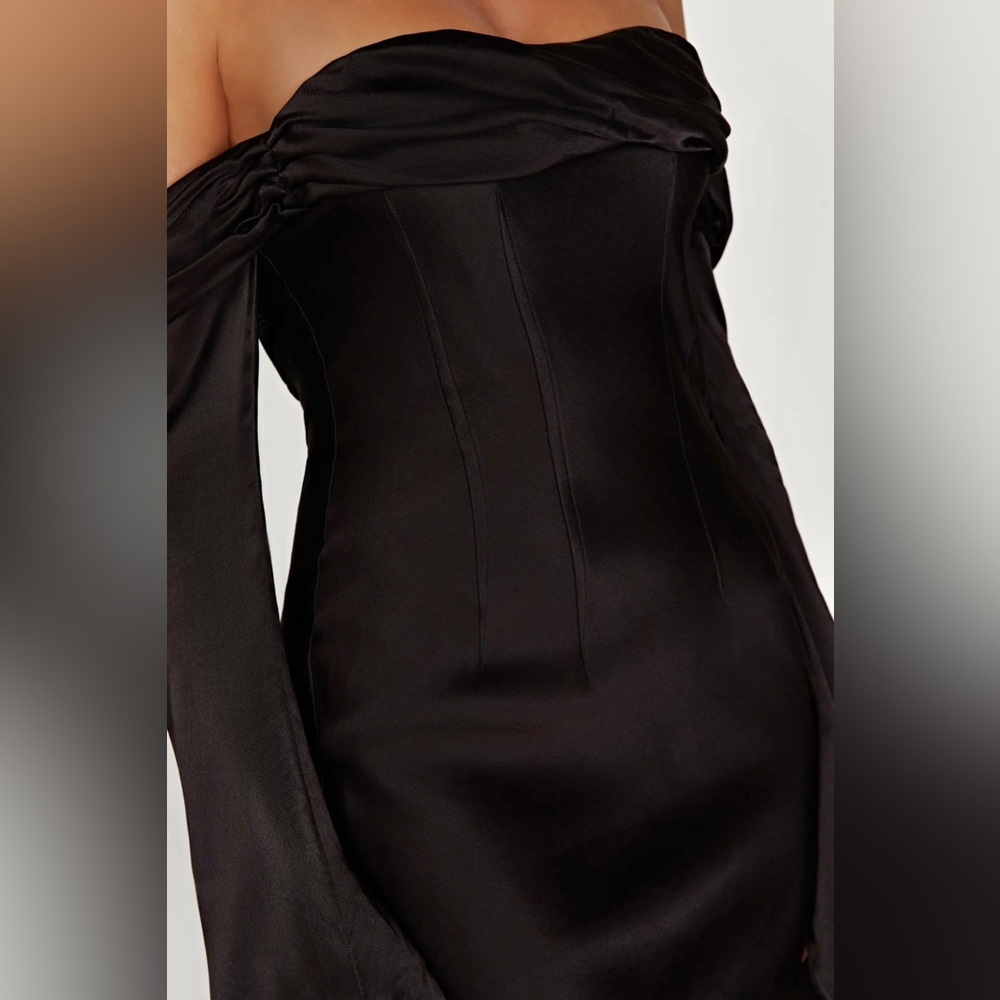 Meshki -  NWOT Giselle Black Off Shoulder Cowl Neck Satin Maxi Dress - Picture 8 of 8